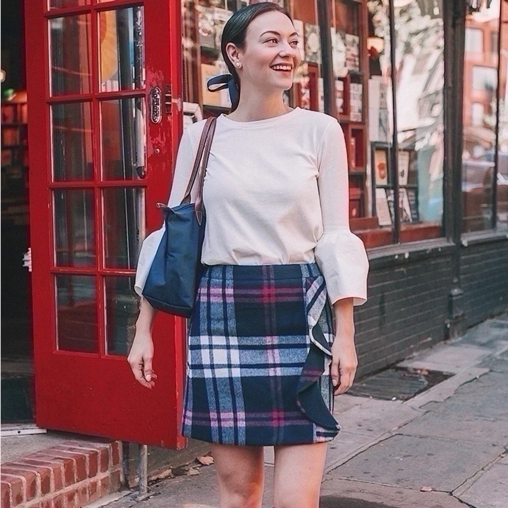 J.Crew Navy Plaid Mini Wool Ruffle Skirt